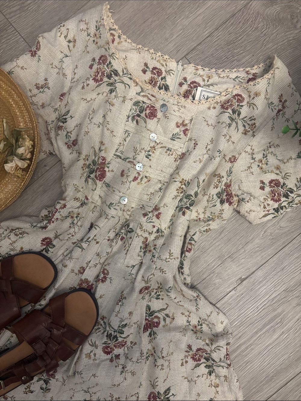 Vintage Cottagecore Prairie Girl 90s Floral Cream Pink Lace Trim - Picture 2 of 10